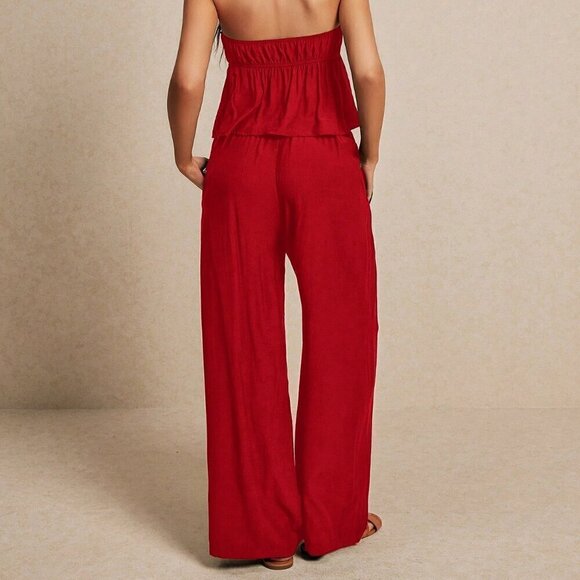 Red Sexy Women's Summer Fashion Linen Crop Top & Wide Leg Trouser Set - Picture 3 of 6